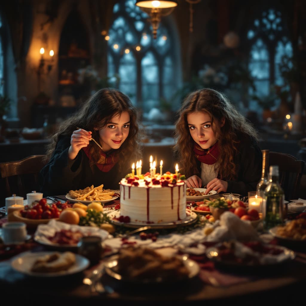 AI generated: two girls celebrating birthday over a big table with a lot of food, a feast and cake. and they are d...