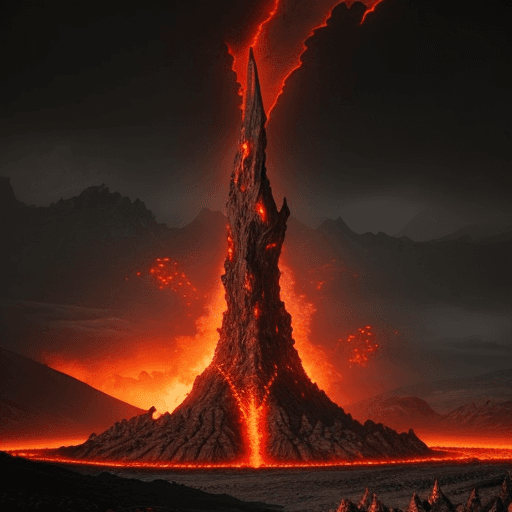 AI generated: a wasteland, mountains of fire, lava, mordor, demon, demonic tower, hot, dangerous, creepy, landscap...