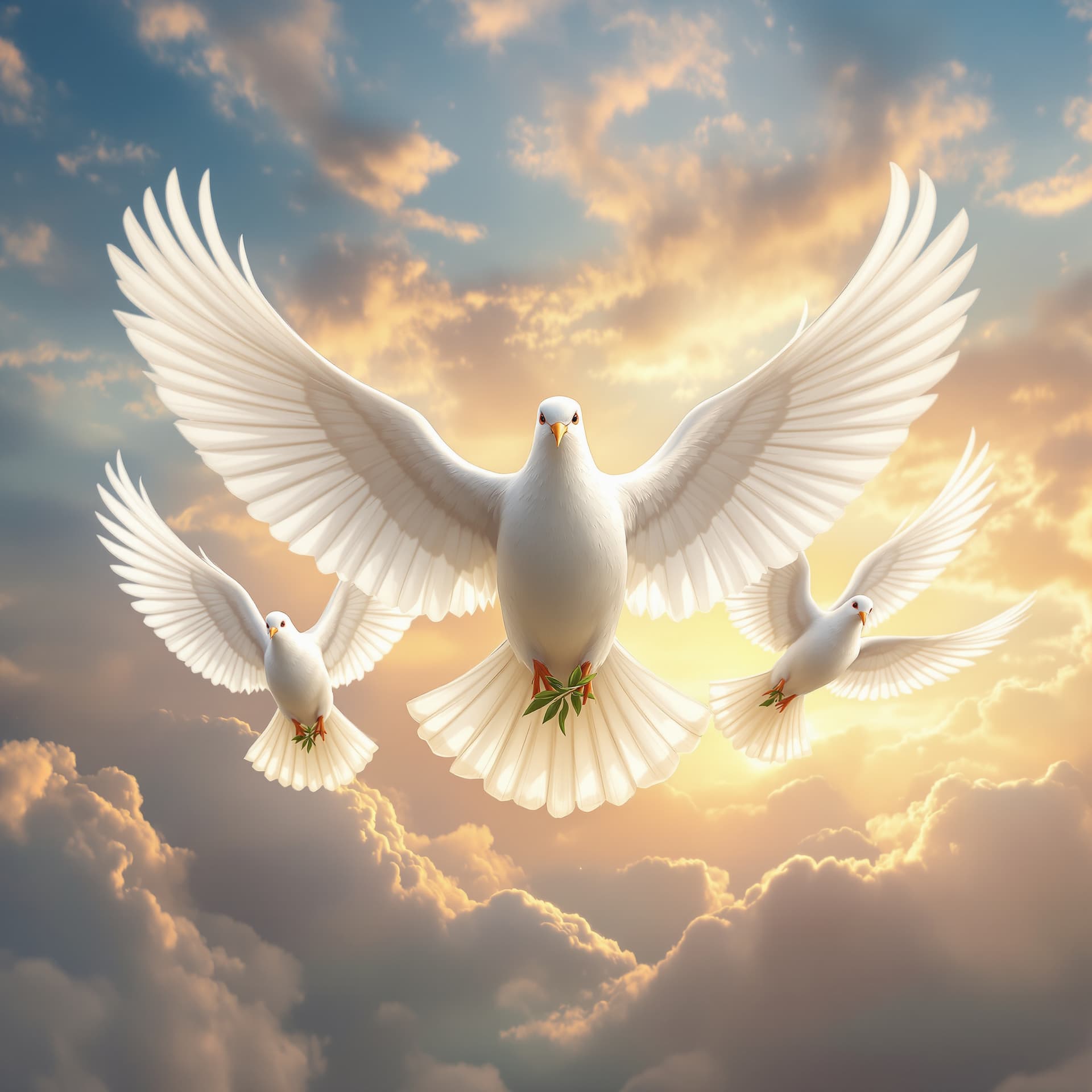 AI generated: FRONT VIEW OF a bunch of photorealistic DOVES FLYING WITH WINGS FULLY EXPANDED, 1 DOVE IS BIGGER IN ...