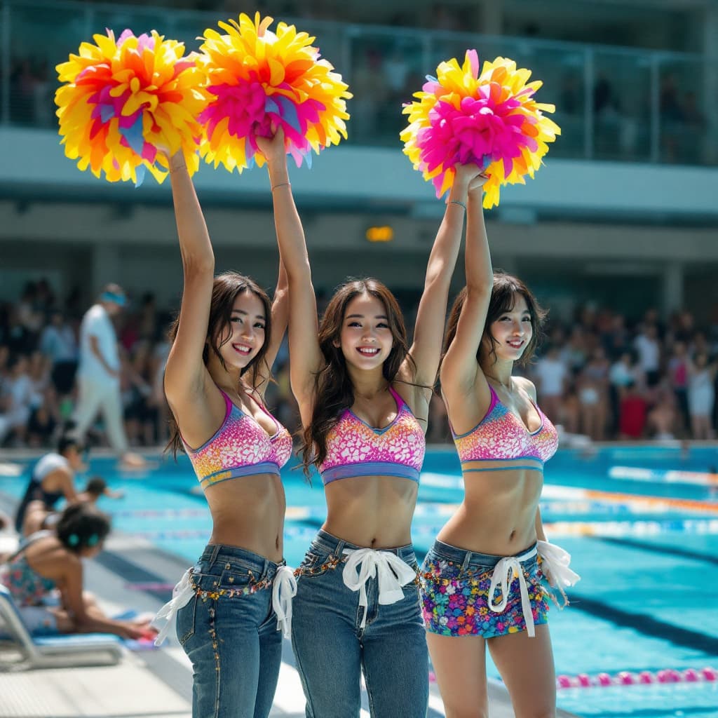 AI generated: Three Korean cheerleader, Coloriful bra, Long skinny jeans, barefoot, big pon pon, they cheer on the...