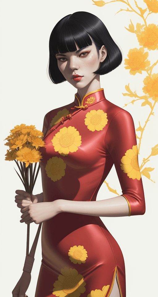 AI generated: Martine Johanna, Oriental woman, holding flowers, cheongsam, sunny and cheerful, fashion art style, ...
