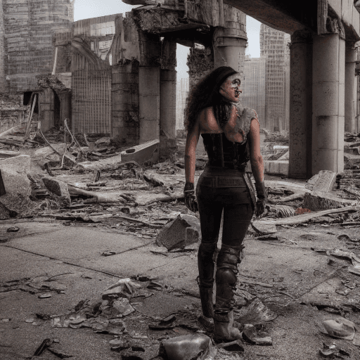 AI generated: Envision a scene from a dystopian future, where the cityscape is ravaged and broken. Amidst the ruin...