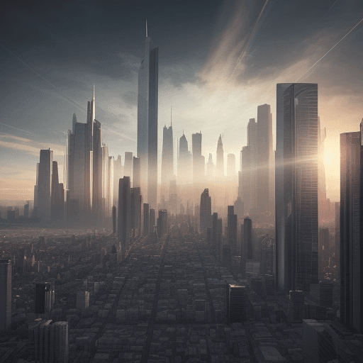 AI generated: The cityscape of the future with tall buildings and streets, the sun is setting in front of it, and ...
