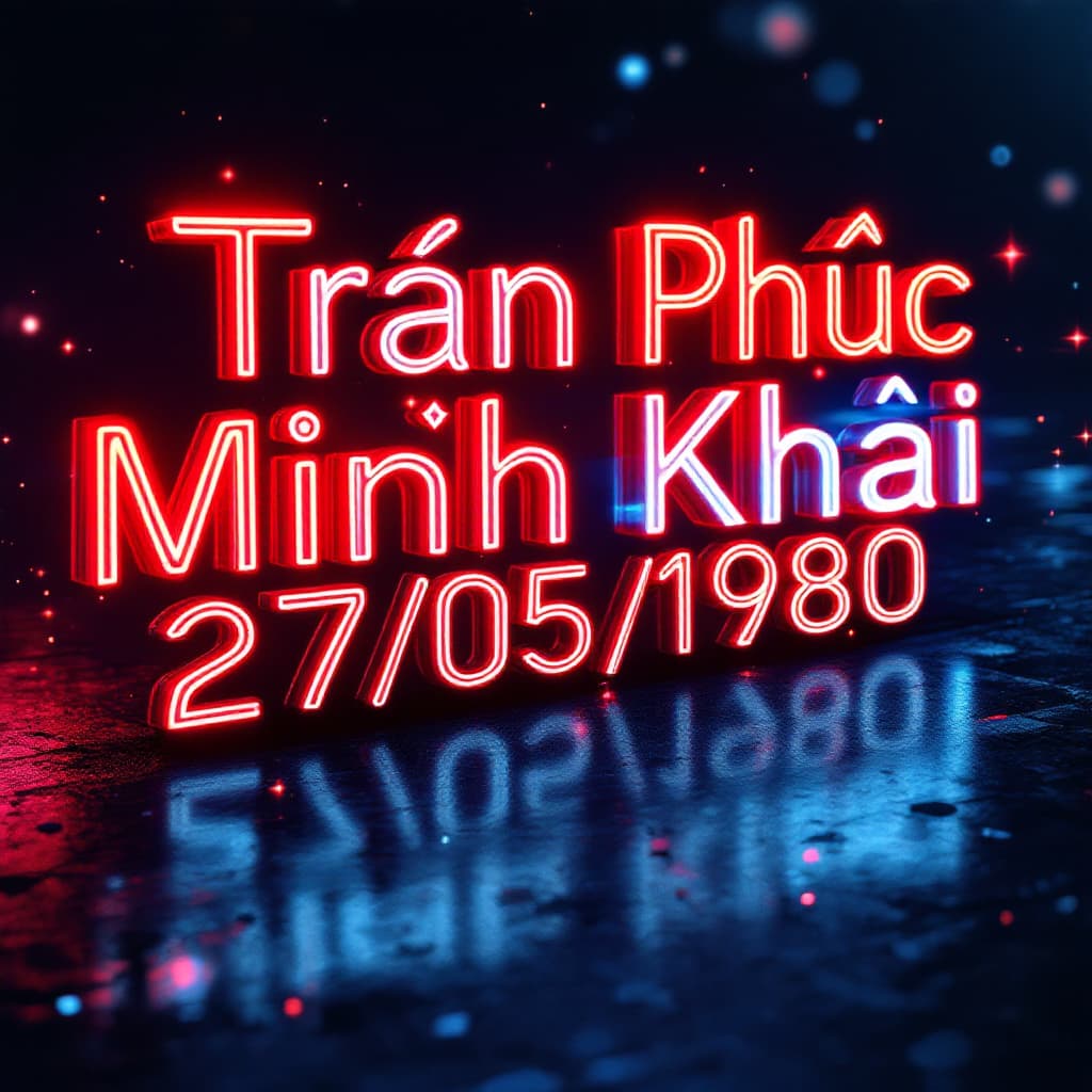 AI generated: A 3D digital art rendering of the word 'Trần Phước Minh Khai 27/05/1980' in Italic bold format, in a...