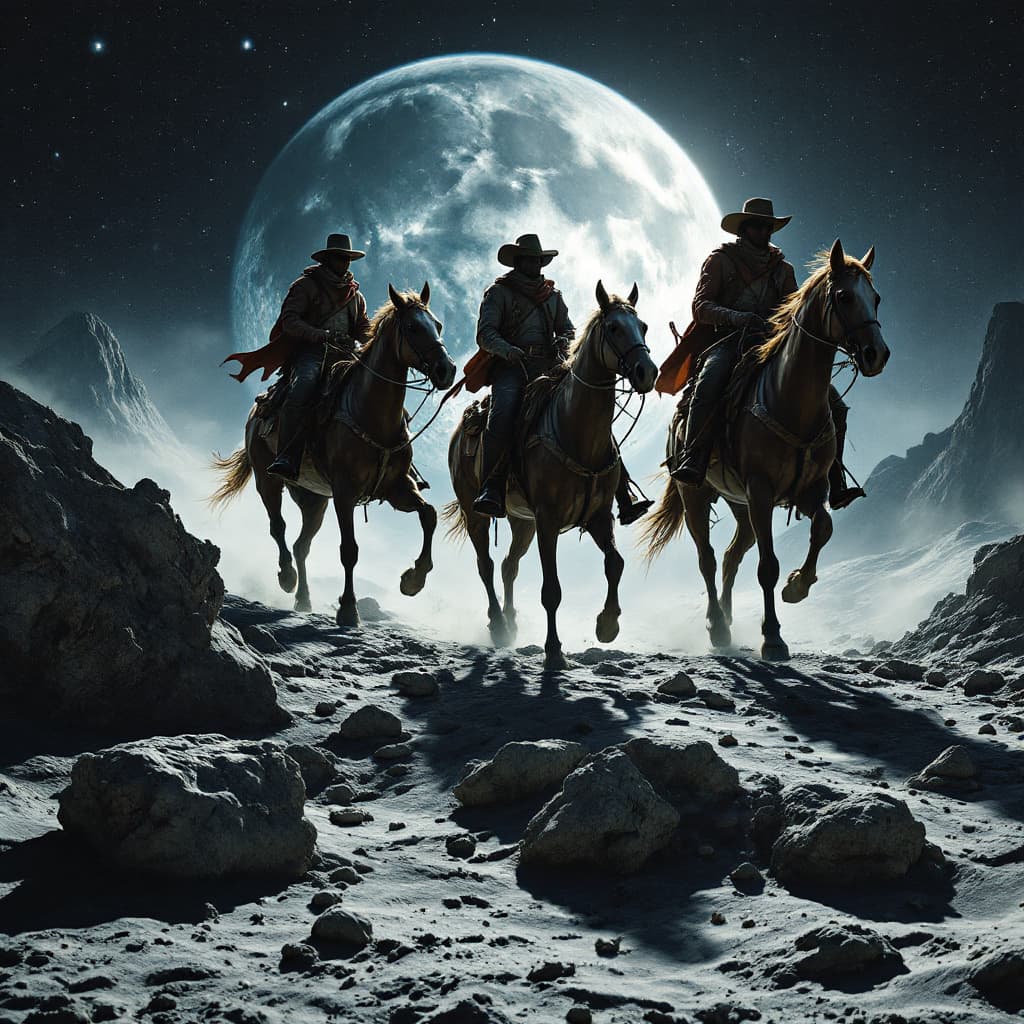 AI generated: cowboys riding horses on the lunar surface
