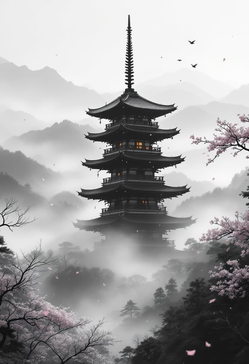 AI generated: Traditional Japanese pagoda standing tall in a foggy mountain valley, centered mid-range view. leave...