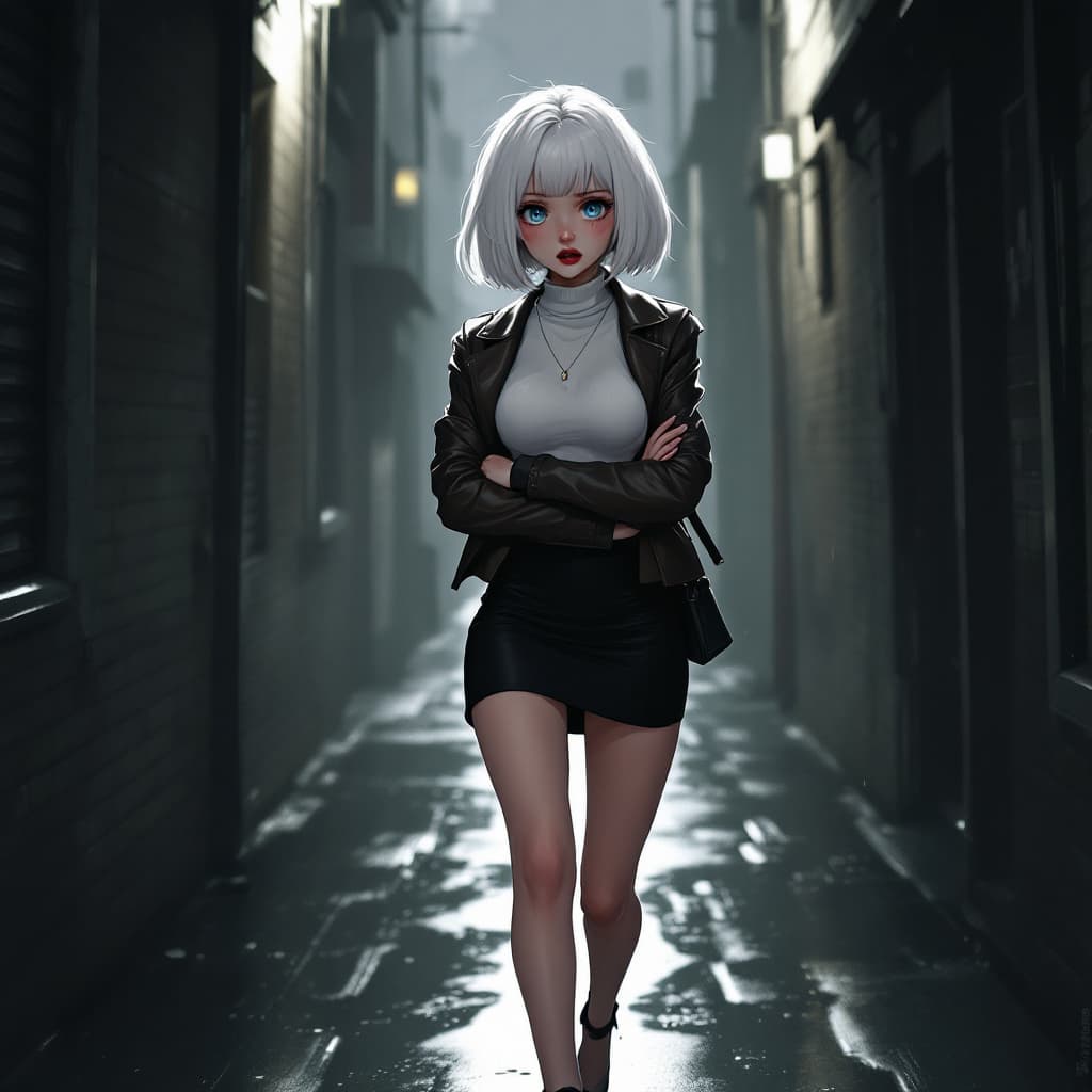 AI generated: anime, woman, white hair, bob cut, blue eyes, freckles, red lips, white turtle neck sweater, tight t...