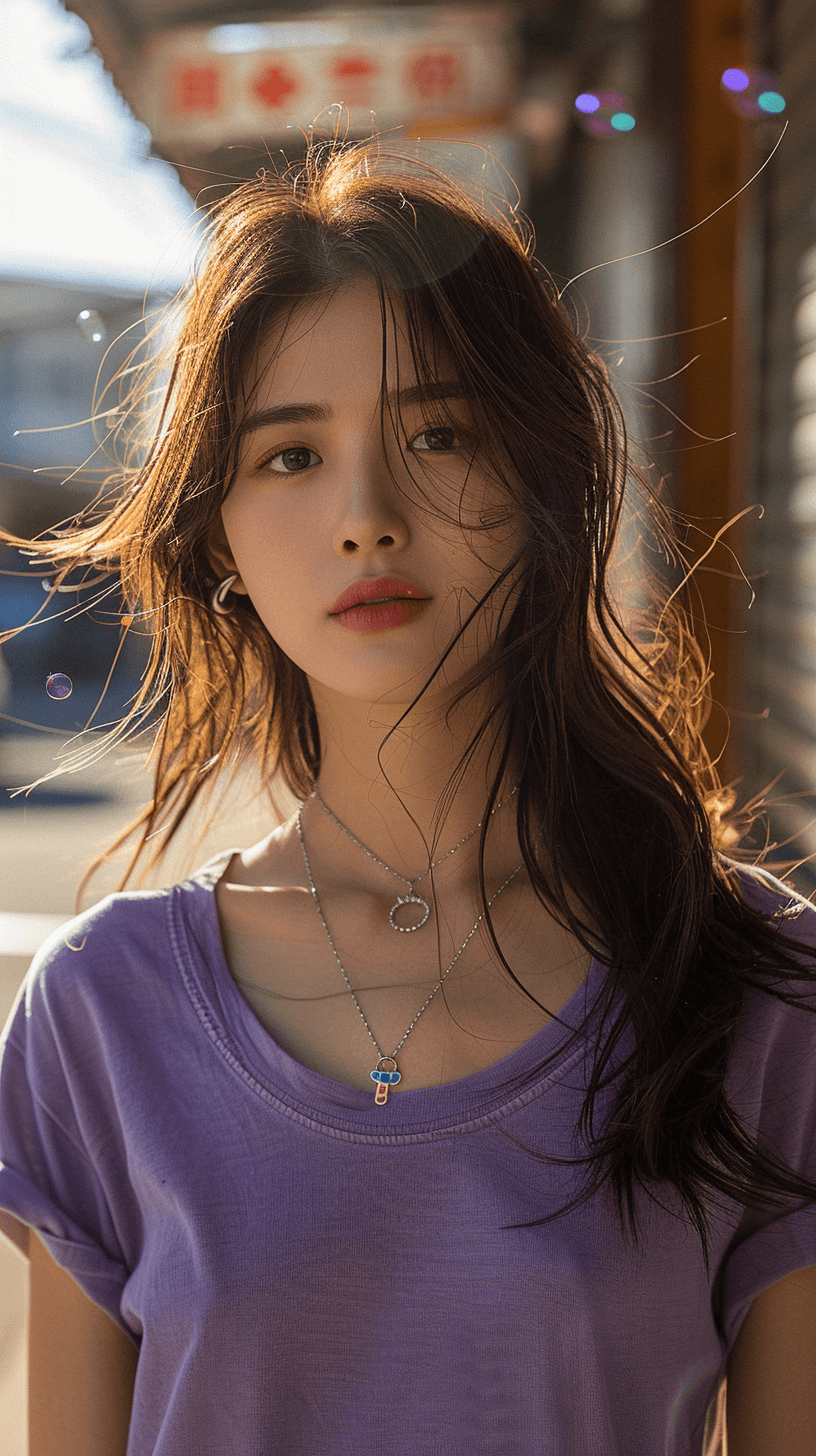 AI generated: Portrait photography, a beautiful Chinese woman wearing a purple T-shirt, with delicate skin, in an ...