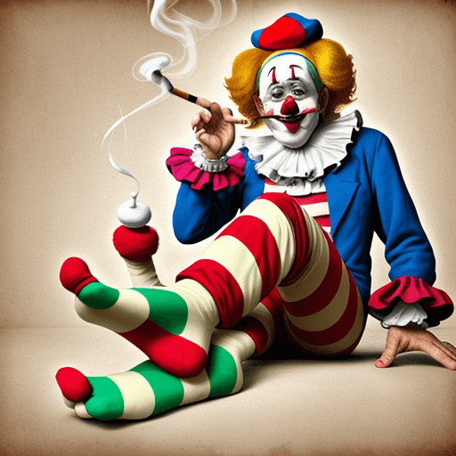 AI generated: old clown, long feet, smoking