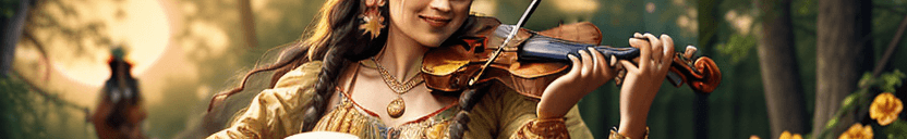 AI generated: A portrait of a Gipsy woman with braided hair and gold coins in her hair, red flowery dress, multipl...