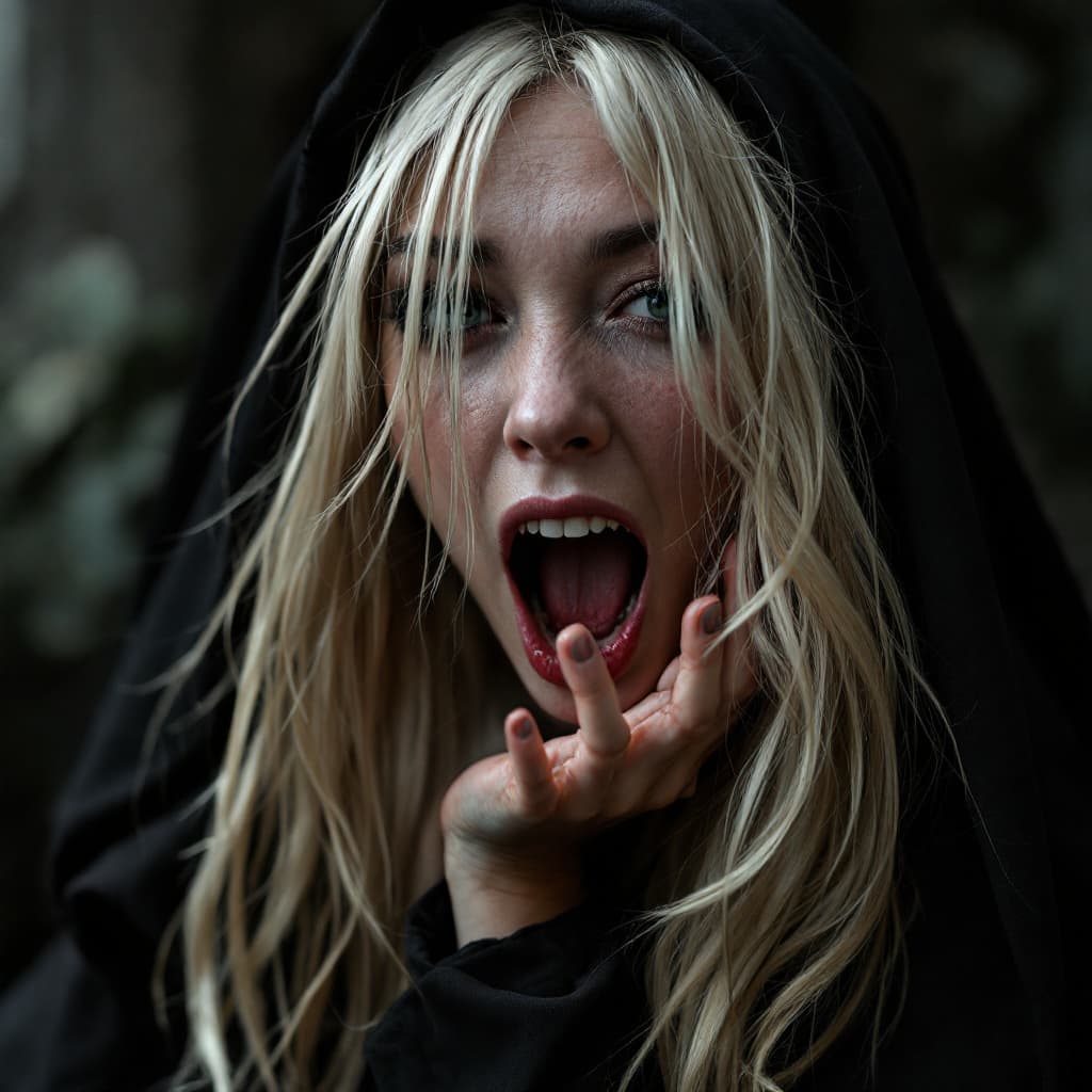AI generated: Photo of sexy hairy nun taken with a  Canon EOS R5 Mark II, ultra hyper realistic, legs open, vagina...