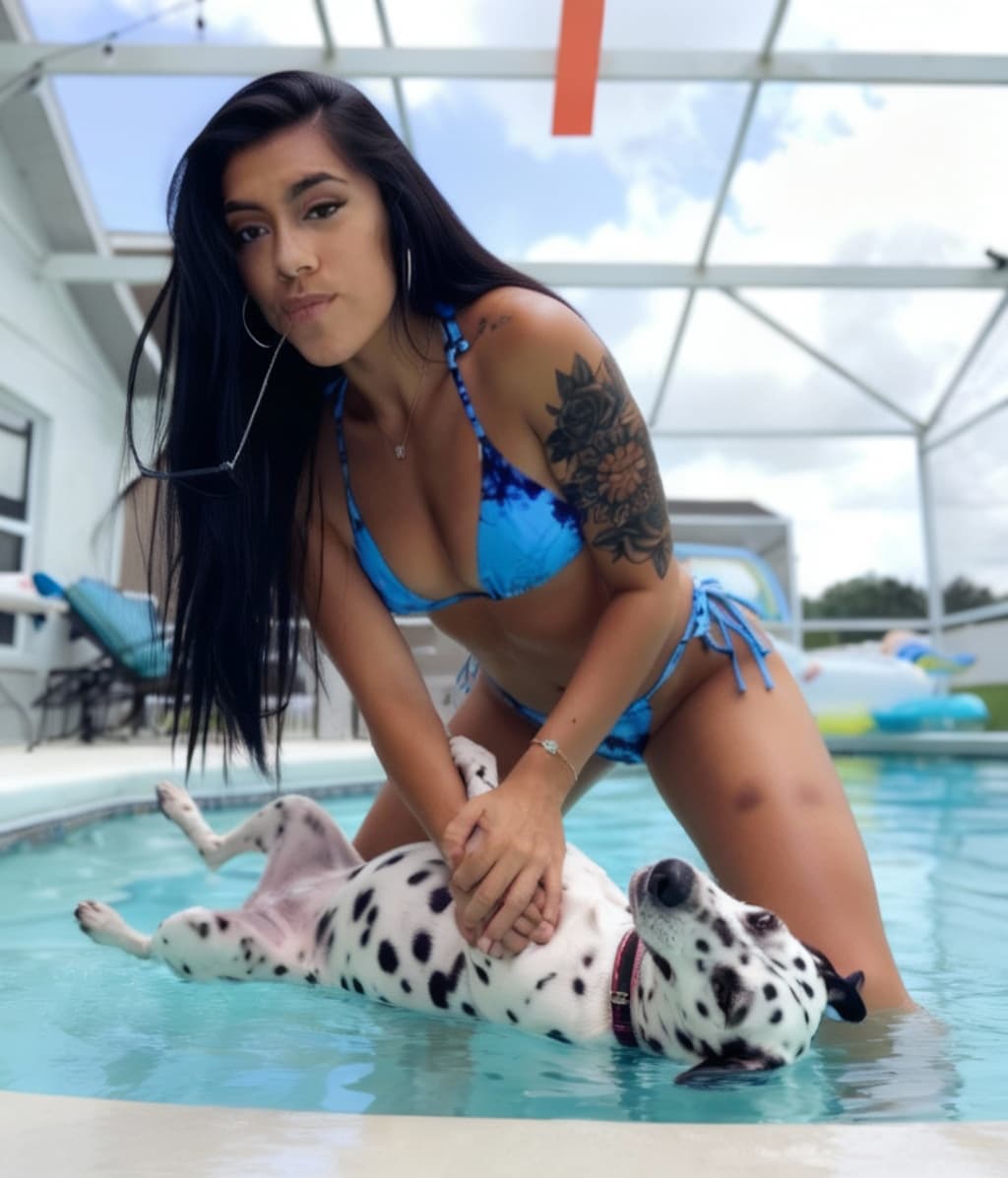 AI generated: Dog is on back. Woman is in full mount wrestling position with dog. 