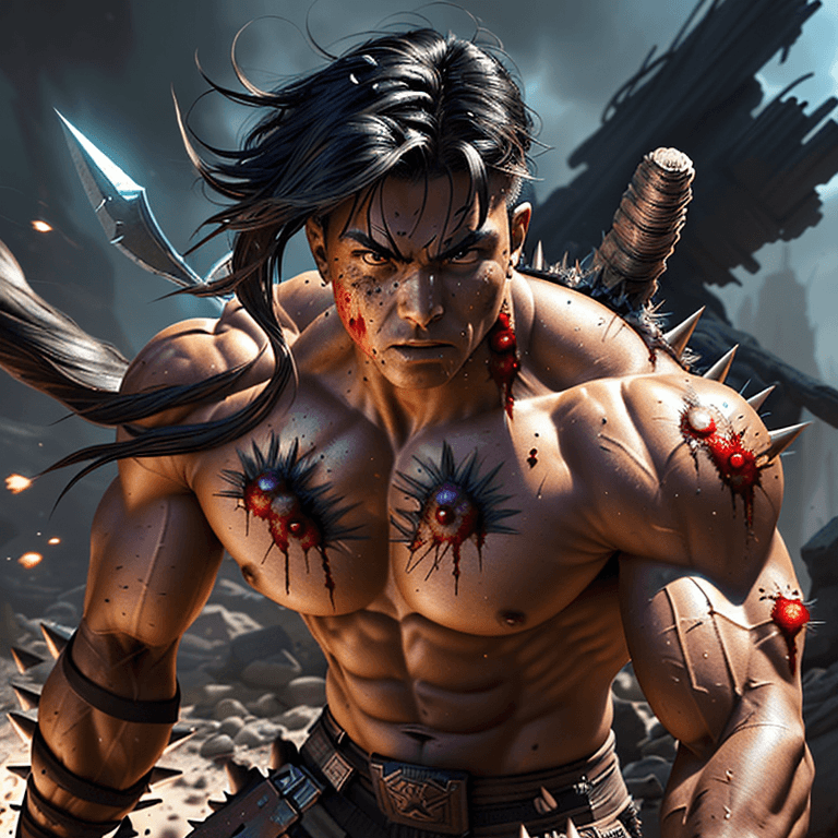 AI generated: the most strongest powerful warrior in the universe, epic, muscular, olive smooth tan skin, long mes...