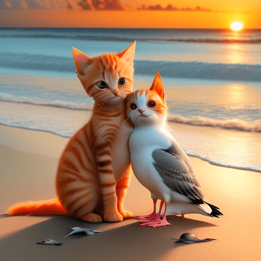 AI generated: a cute orange kitten is hugging a seagull on a tropical beach at sunset, emotive, dynamic, cute, --a...
