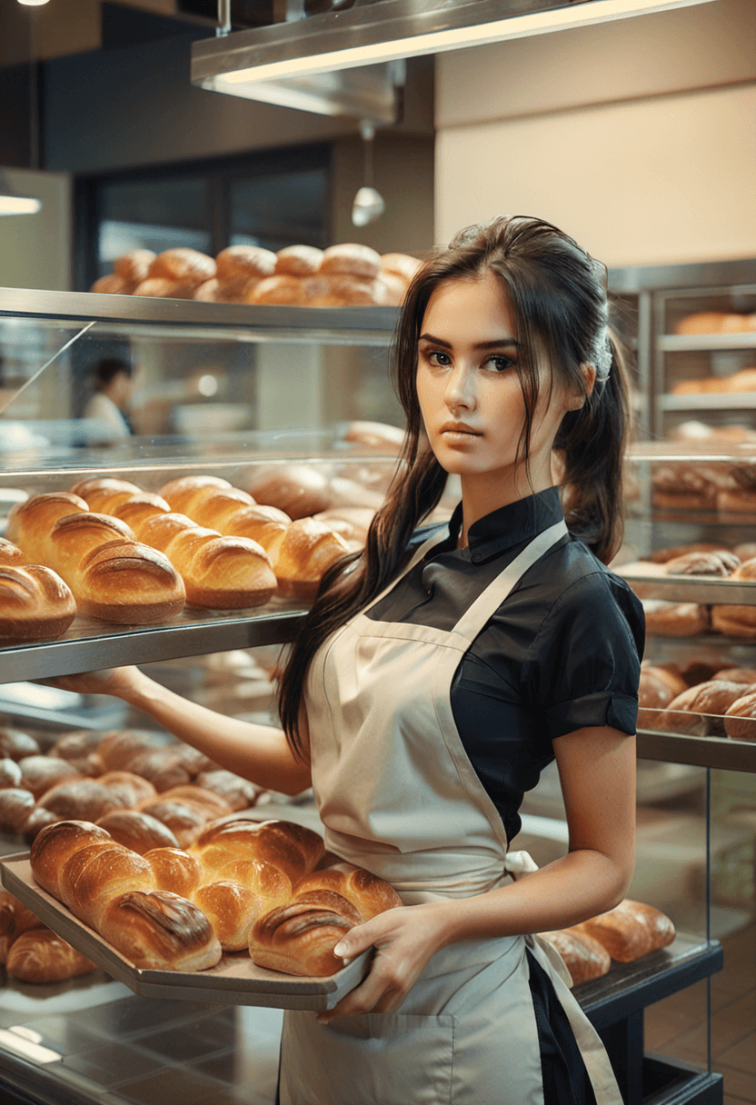 AI generated: food photography style woman, long dark hair in a ponytail, working in a bakery, glass cases of brea...