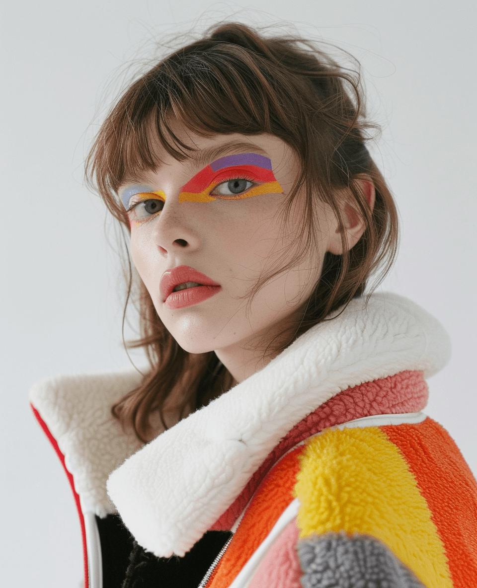 AI generated: A model with brown hair and bangs, wearing colorful makeup in the style of an editorial fashion shoo...