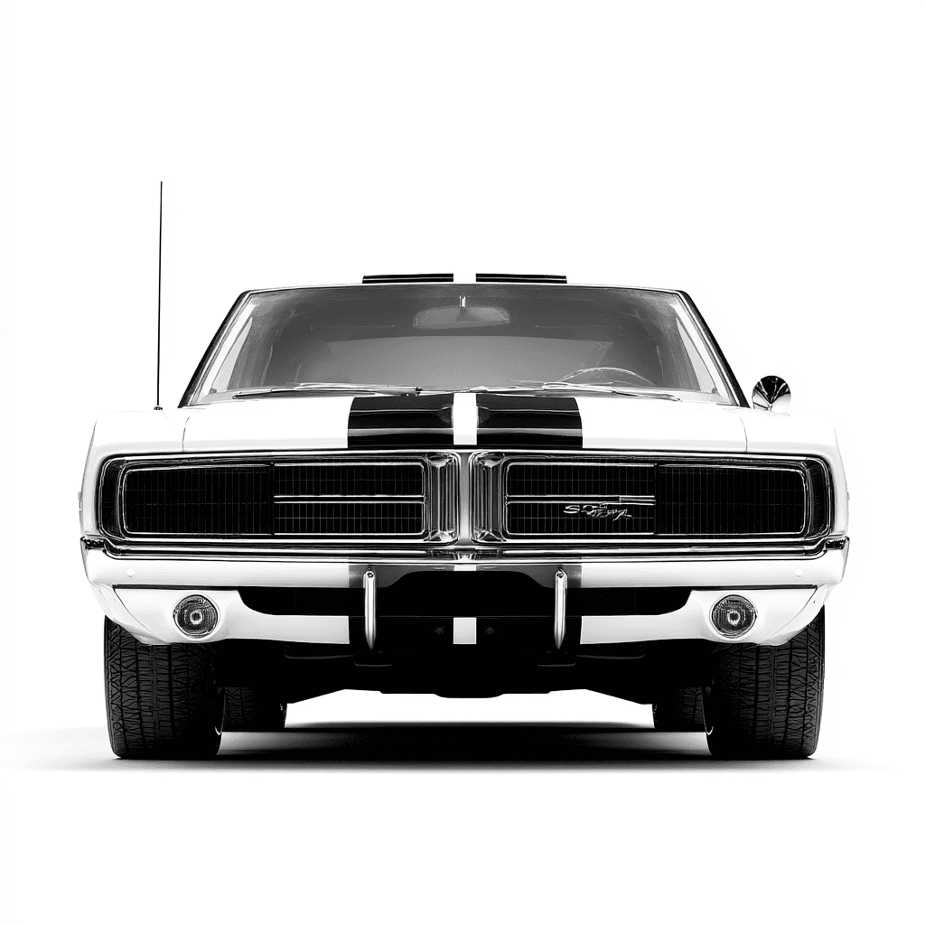 AI generated: classic 1969 Dodge Charger clipart, perfectly detailed with its aggressive front grille, black
raci...