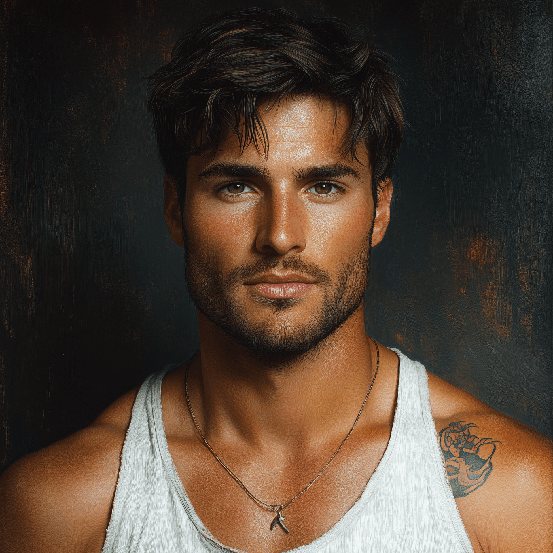 AI generated: A portrait of an attractive young man with tanned skin, hazel eyes, and short dark hair, in the styl...