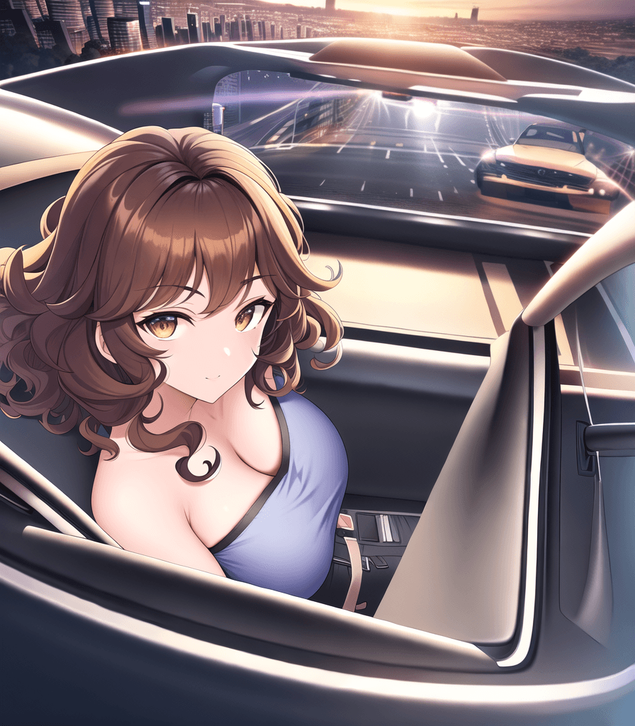 AI generated: (perfect anime illustration), 1girl, curly hair, brown hair, ((((((driving a car at night)))))), 7:0...