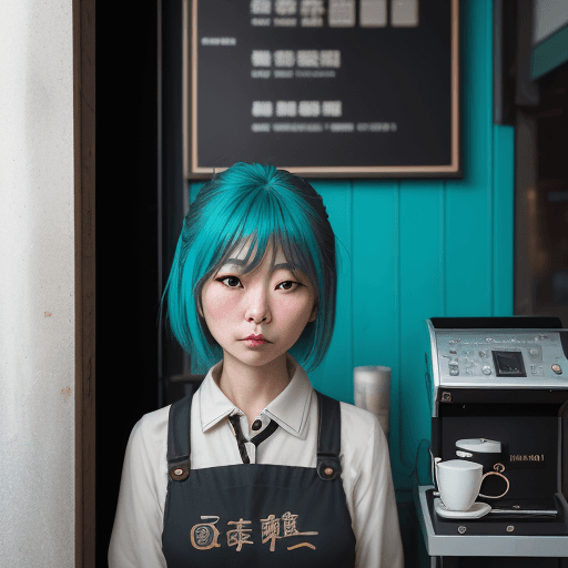 AI generated: a 50 year standing in front of a wall at a cafe, in the style of mamiya 7 ii, neo-pop sensibility, s...