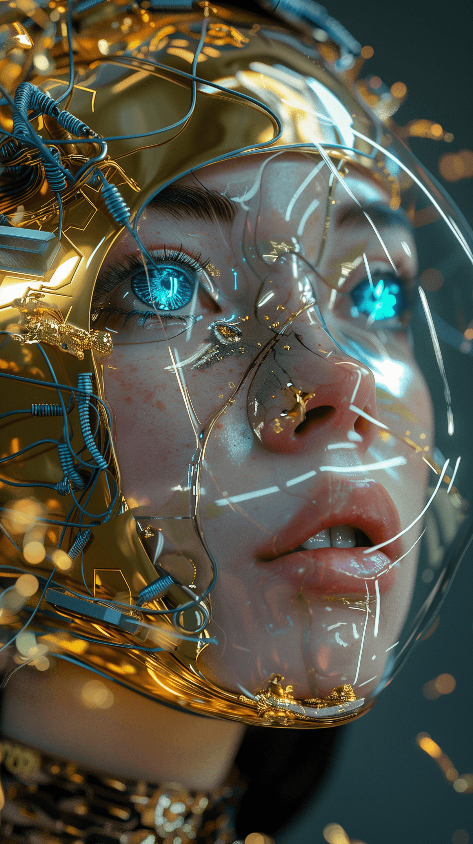 AI generated: woman wearing a cyberpunk style shiny and slimy gold helmet with robotic features, the reflection on...
