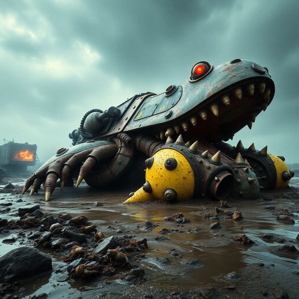 AI generated: [Dutch Angle Wide-FOV](Mechanical Leviathan:1.9)
Massive amphibious juggernaut looms large on rain-s...