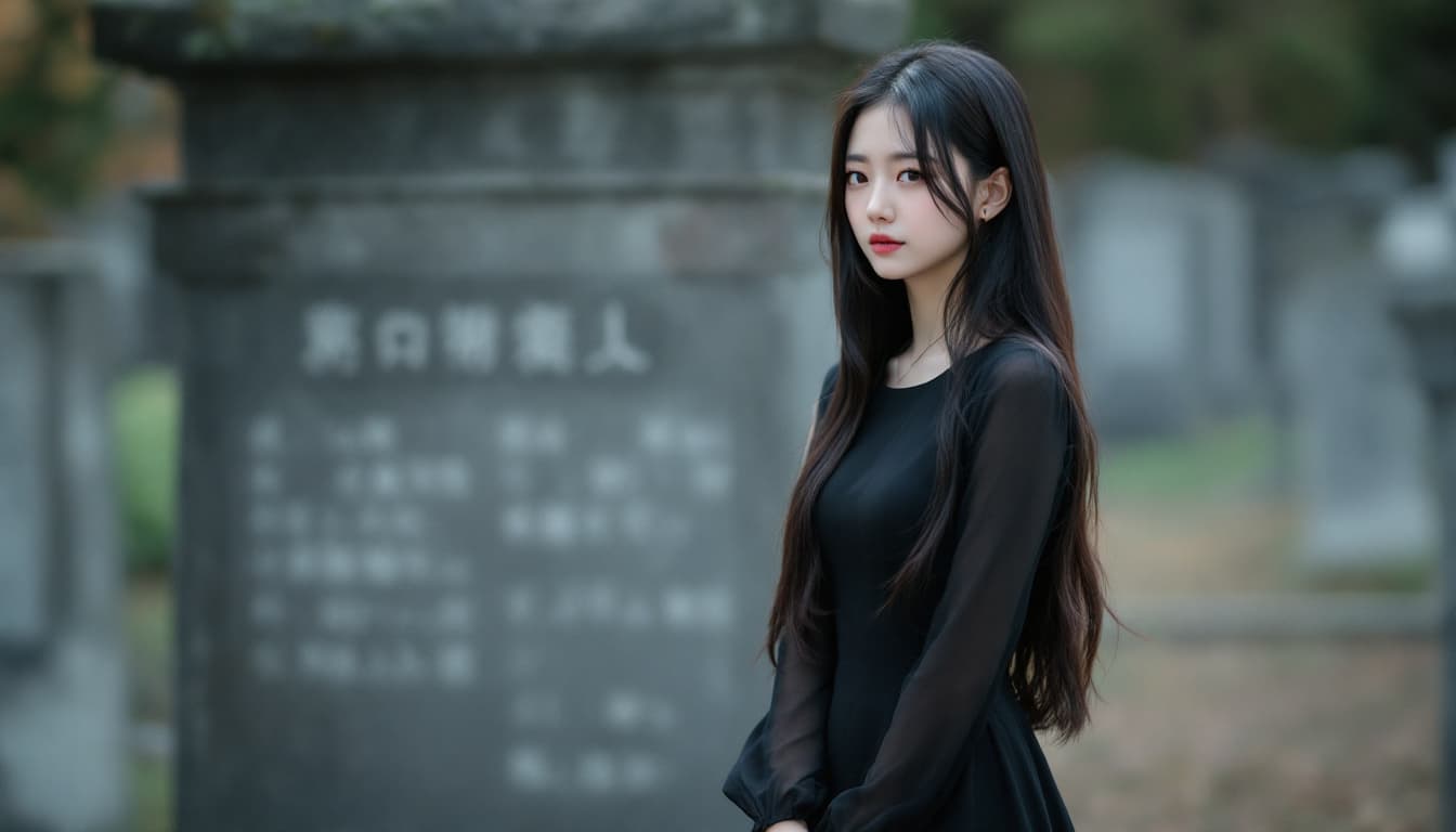 AI generated: Full body photo of Risa, a Japanese girl, wearing a black dress, Make a solemn expression, black bro...