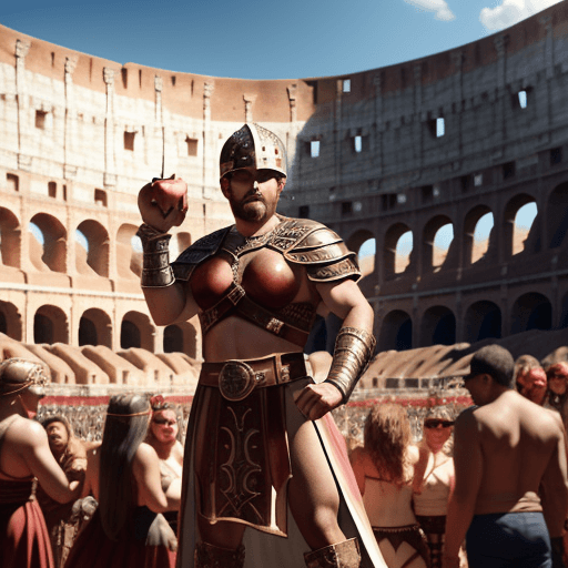 AI generated: an apple dressed in gladiator attire standing over a pear dressed in gladiator attire in the Colosse...