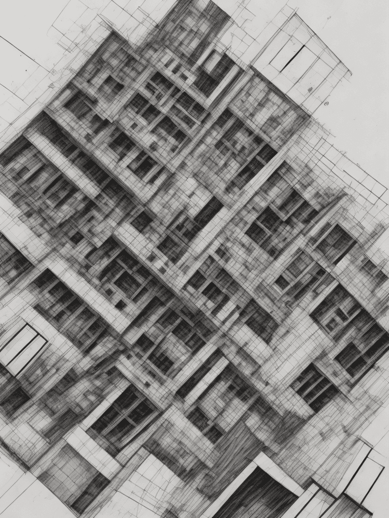 AI generated: a drawing of a bauhaus building, technical drawing, bottom view, by Enzo Cucchi, pespective, collaps...