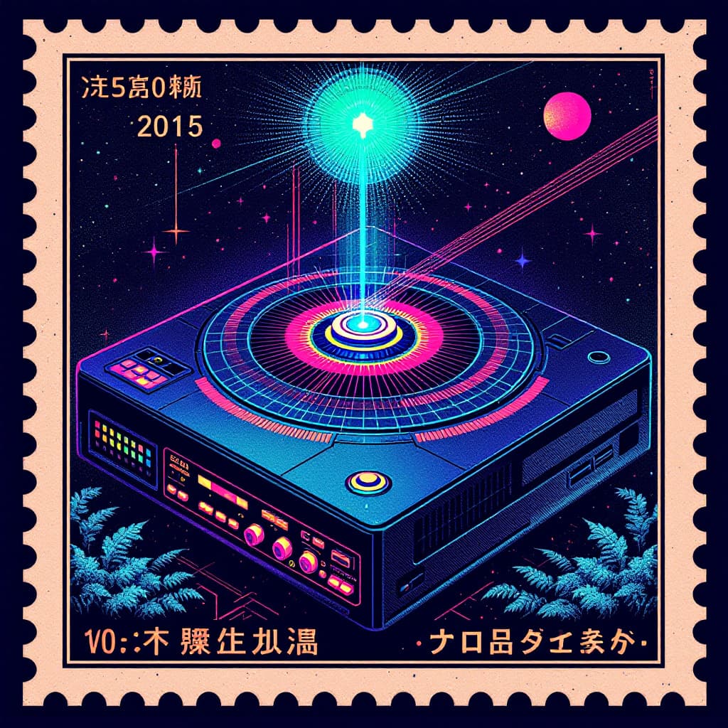 AI generated: stamp style, retro VCR player for mystical future laser solid state hard drive hardware, quantum com...