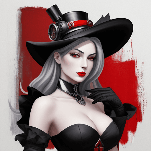 AI generated: a painting of a woman in a black hat, in the style of color splash, dark silver and red, steampunk, ...