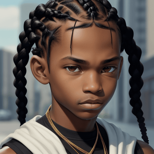 AI generated: A black boy with braids in an urban style, the only one looking forward with power. 