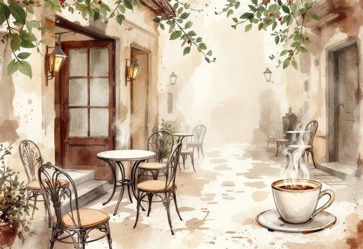 AI generated: A Vintage Watercolor Collage of old cafés with wrought-iron chairs and steaming coffee cups, combini...