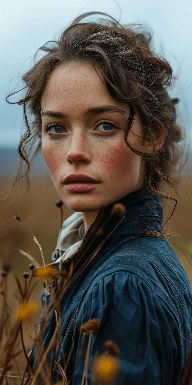 AI generated: the woman in the field is dressed for the camera, in the style of daria endresen, kris knight, scott...