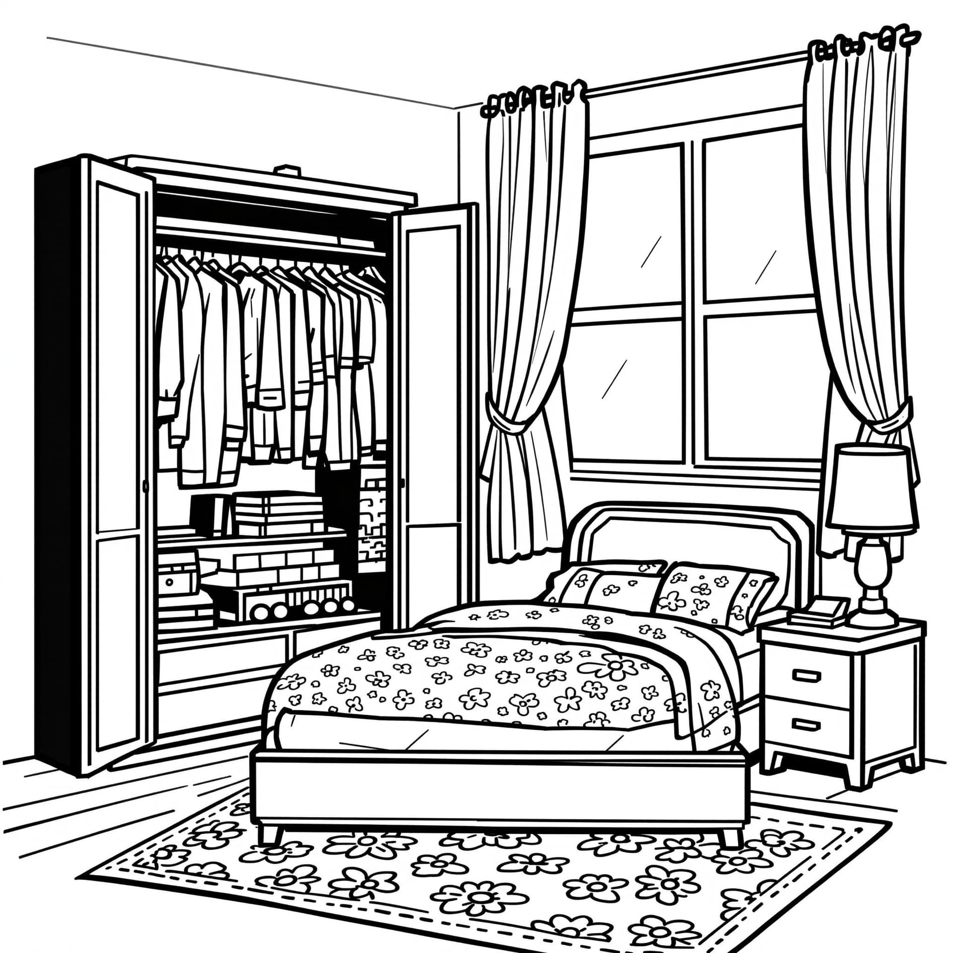 AI generated: Create a high-resolution black-and-white line drawing of a cozy bedroom with a wardrobe. Include det...