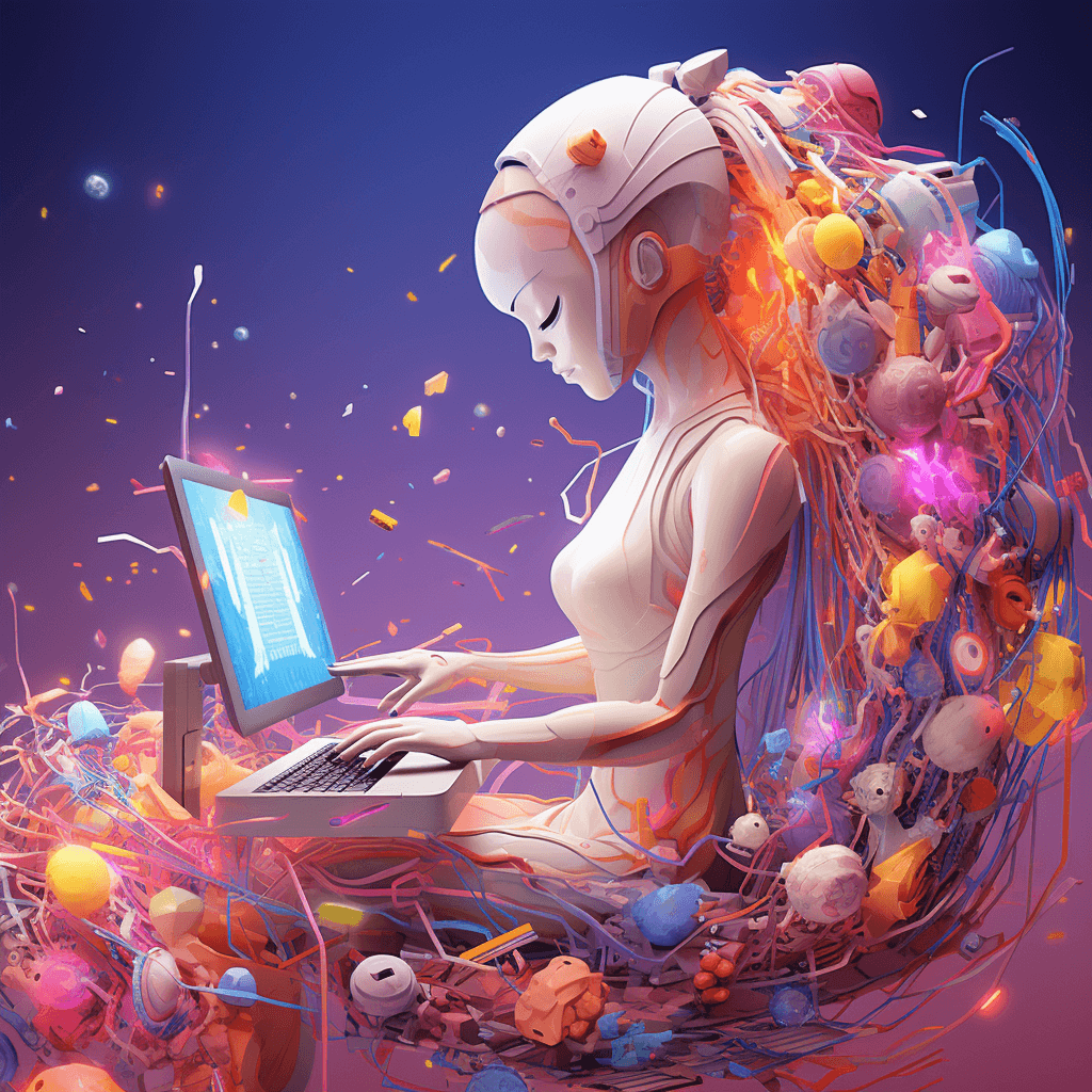 AI generated: image of a abstract futuristic humanoid little computer which represents midjourney ai in a colorful...