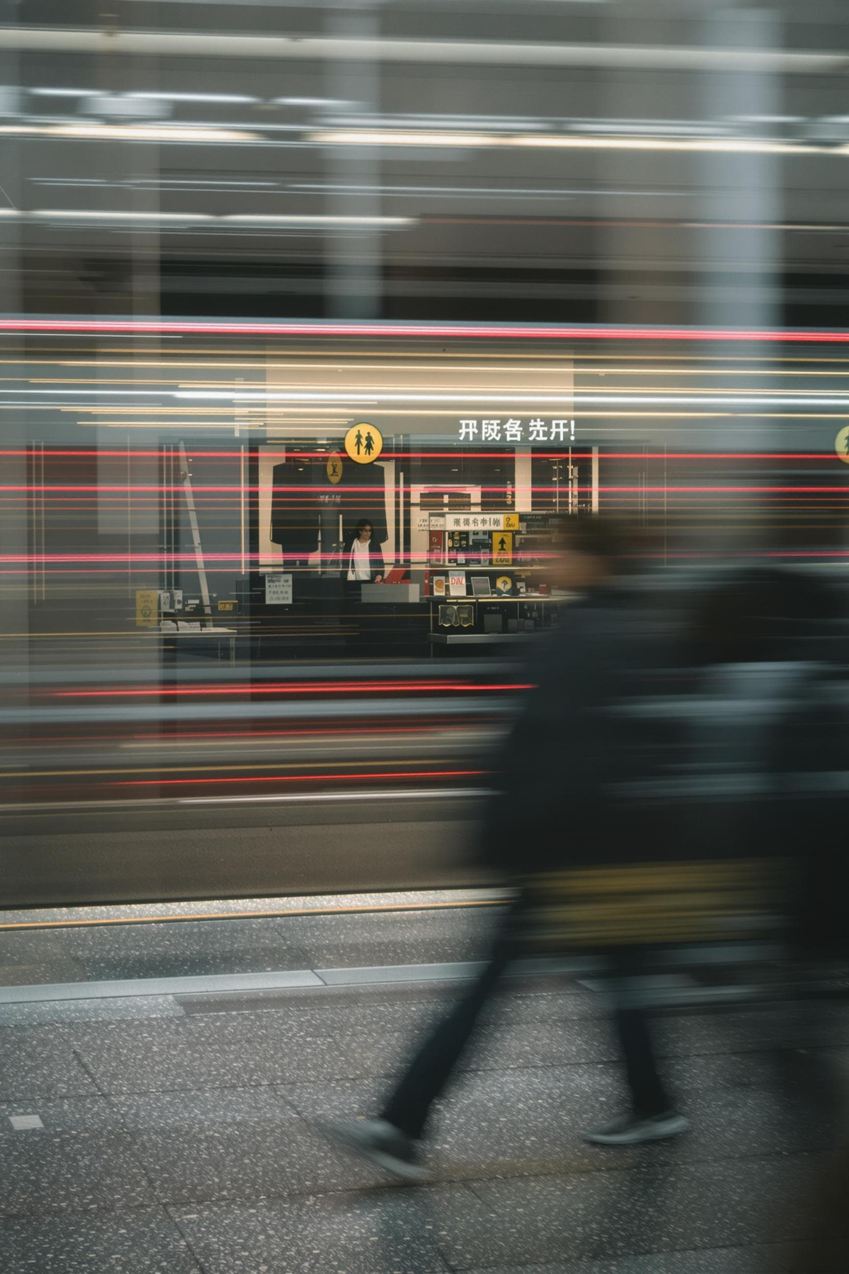AI generated: conceputal image, commercial, rapid red line theme, wide shot, passing by woman blurring, simplify.