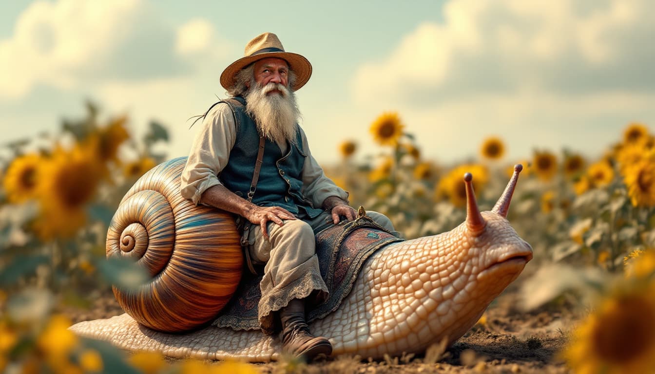 AI generated: Create an image of an old man with a long beard,  wearing a straw hat, sitting firmly on an ornate s...