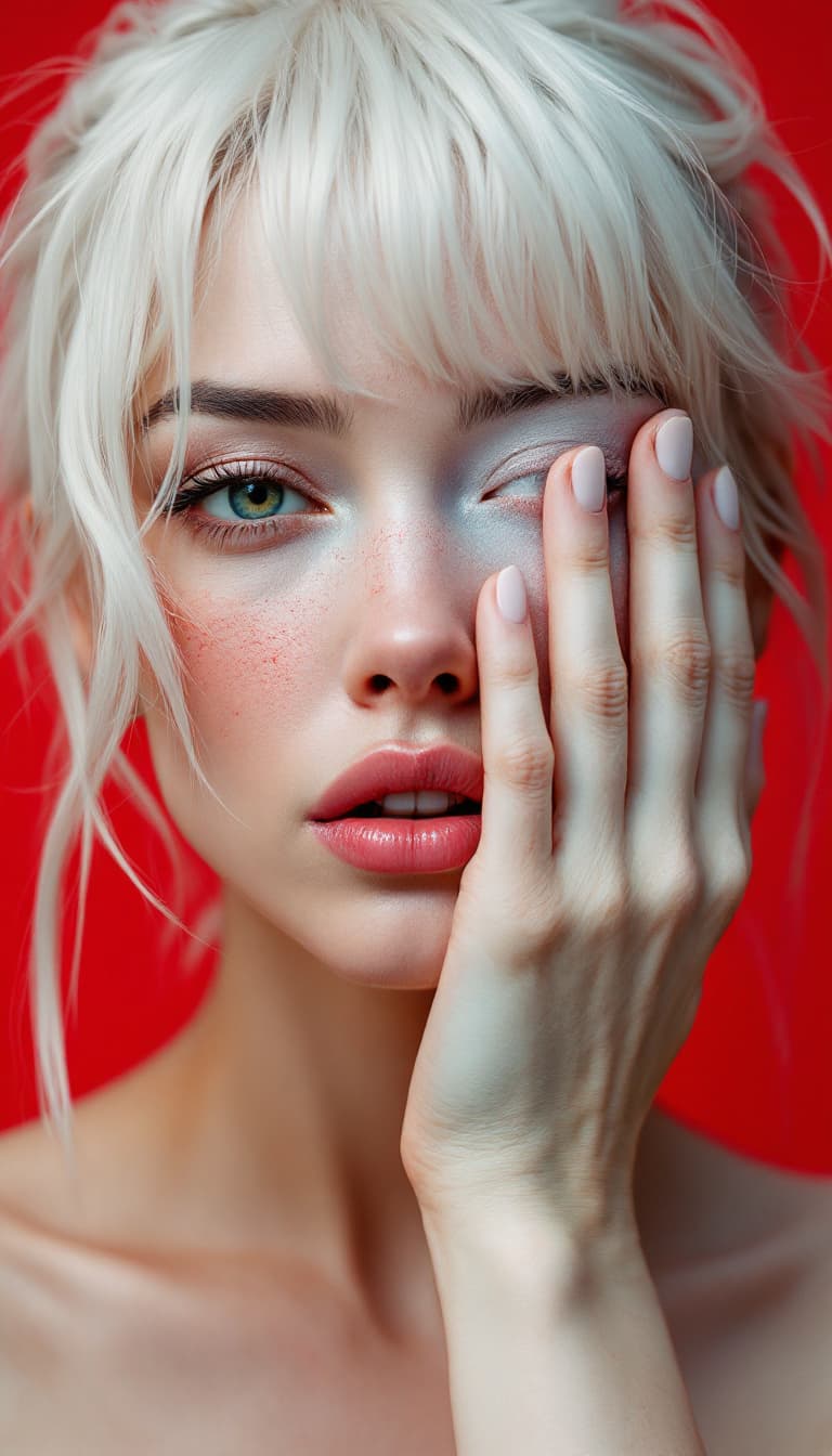 AI generated: image of a hyper realistic woman with white hair and with a thoughtful expression, covering half of ...