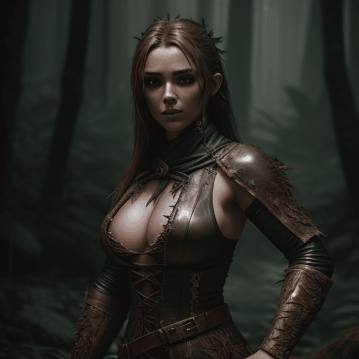 AI generated: Photo of a beautiful and seductive female hunter wearing leather and cloth attire, upper body, outdo...