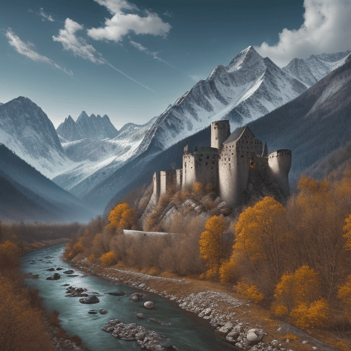 AI generated: High resolution photography valley with low range mountain, three mountain peaks, old castle ruins, ...