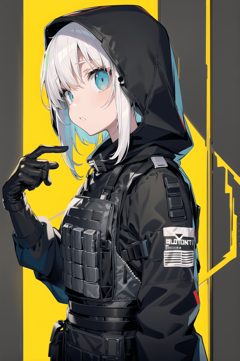 AI generated: bulletproof vest, techwear, hoodie, looking at viewer