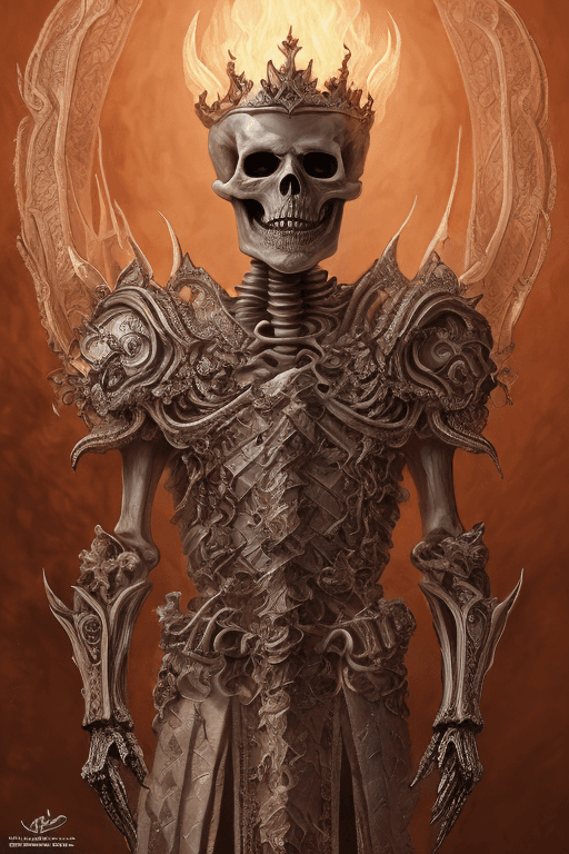 AI generated: Skeleton King of Hell :: Flaming Skull, Intricately Designed Nordic Armor, Photograph Taken on Nikon...
