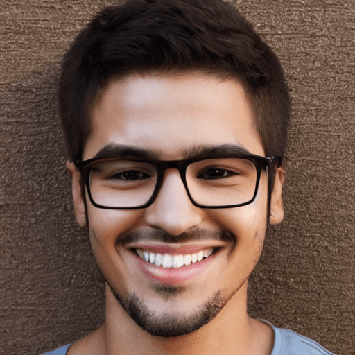 AI generated: youthful male , square face , square glasses , nerd, short  hair, middle eastern, small lips, smile,...