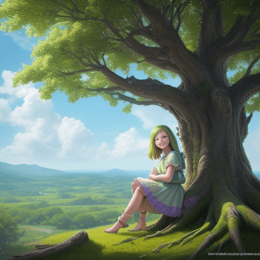 AI generated: girl smile looking at the horizon sitting on the epic tree in the background, clouds bright, tree gr...