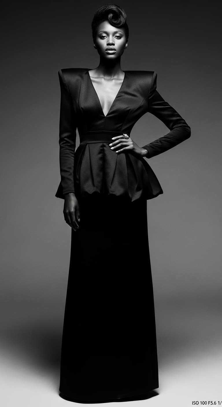 AI generated: Black and white cover photo of a high-fashion Black female model, styled for a Vogue magazine editor...