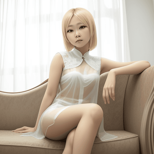 AI generated: beautiful blonde woman Indonesian wearing white sitting on a couch, in the style of oshare kei, nost...