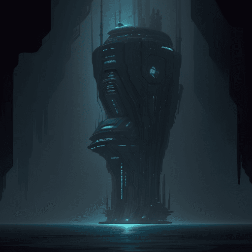 AI generated: Futuristic dark building on tall stilts in the deep dark ocean, in the style of Michael Whelan and R...
