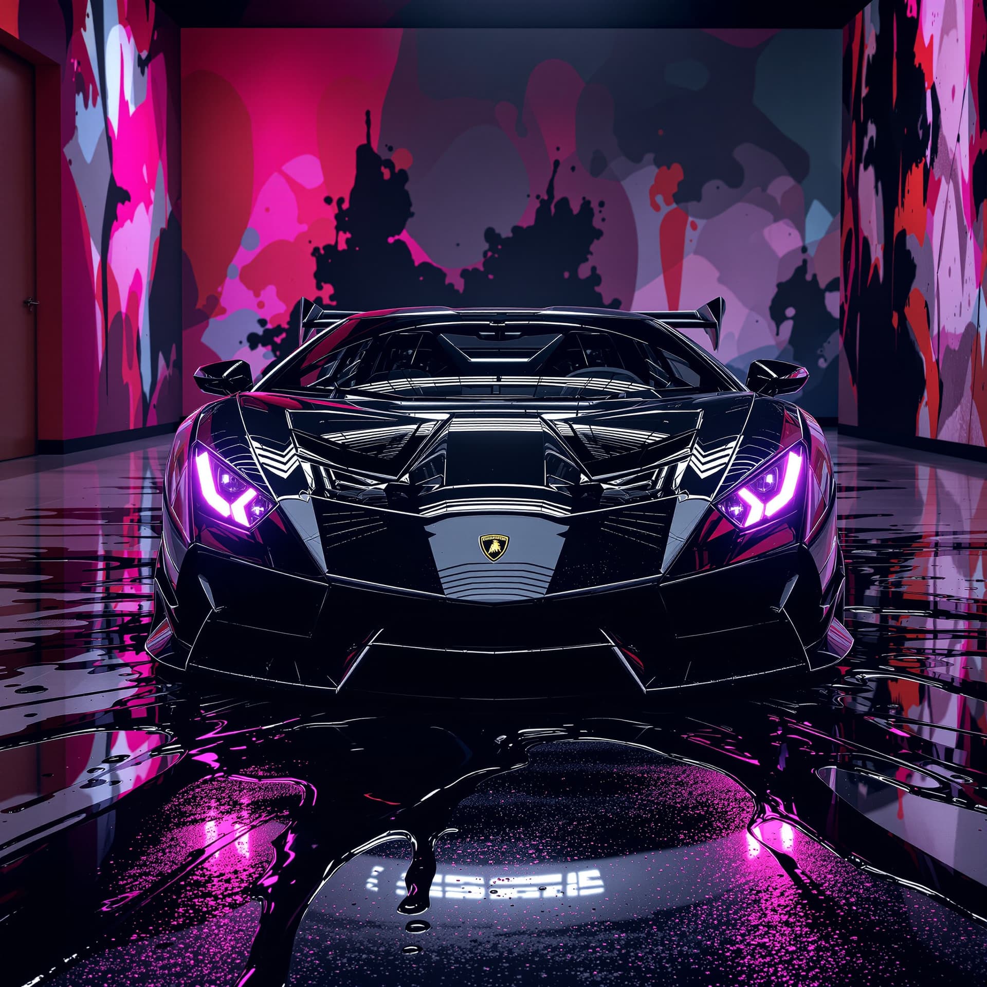 AI generated: front view of a super glossy shiny black symbiote hypercar lamborghini with a really big spoiler on ...
