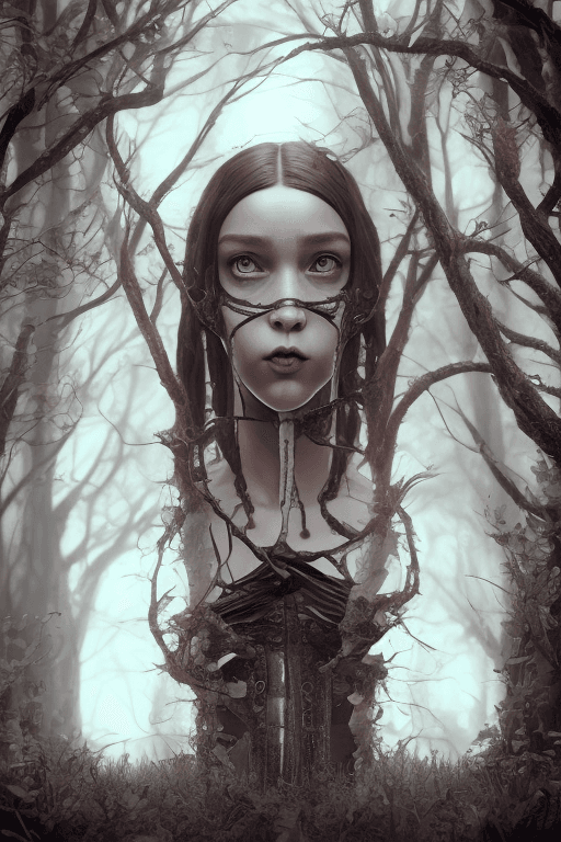 AI generated: hyper realistic photograph, portrait of wednesday addams with BROWN eyes and BROWN hair, urban fanta...